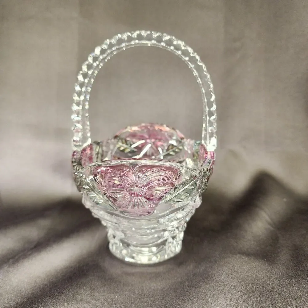 Vtg Anna Hutte Bleikristall Crystal basket Pink flowers  7